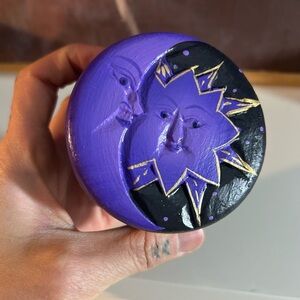 Celestial Painted Sun and Moon Purple Black Gold Wood Round Trinket Box Jewelry